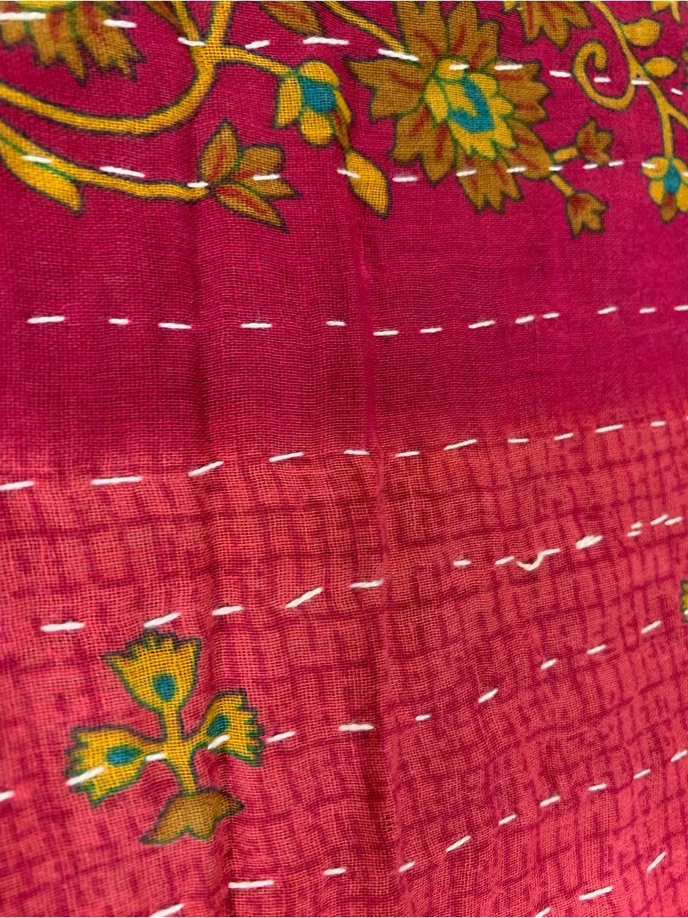 Handmade Kantha Quilt Twin Size Recycled Sari Cotton Magenta Rust Gold Tan